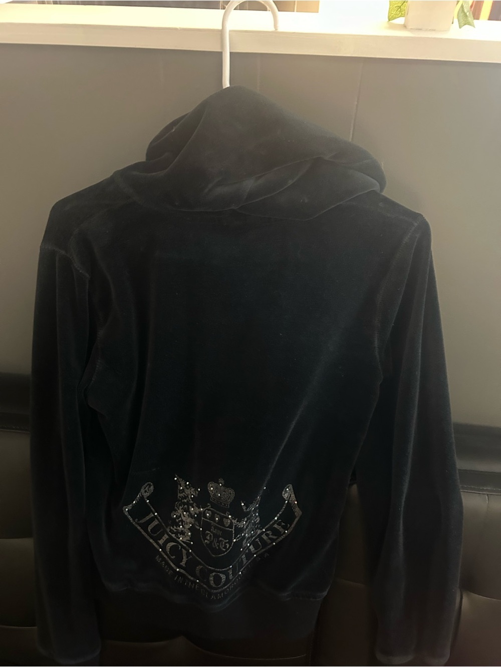 Juicy Couture Black Velvet Logo Sweatshirt with Rhinestone Crest - Picture 2 of 3